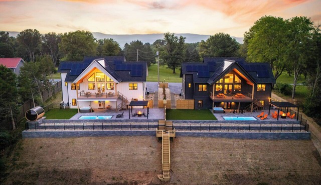 Twin Chalets w/mountain and river views, river access, heated pools, hot-tubs